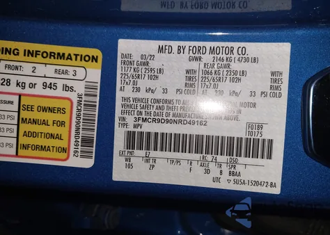 2022 Ford Bronco Sport Badlands z USA, uszkodzony, nr VIN 3FMCR9D90NRD49162